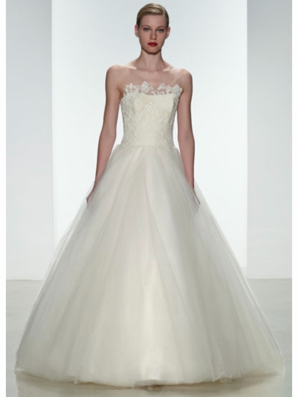 Amsale Ivory sheer illusion Strapless Lace Bodice Tulle Ball Gown